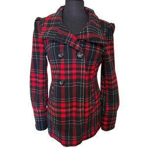 Ci Sono by Cavalini Double-Breasted Red Black Plaid Peacoat Jacket Size M (READ)